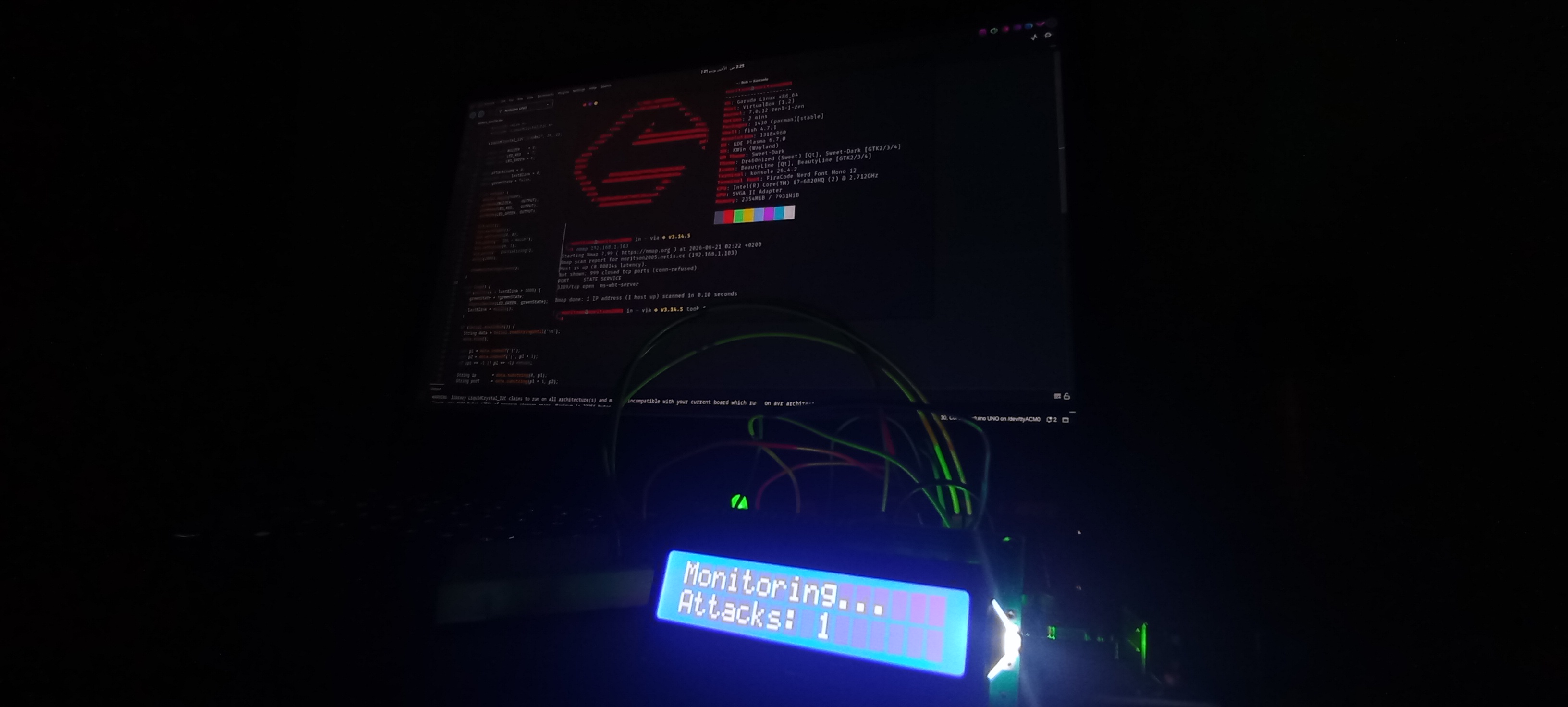Arduino Network IDS hardware setup with LCD showing live attack monitoring